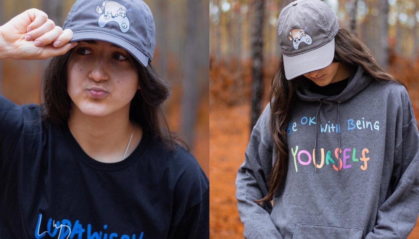 content creator ludawissy modeling a custom printed hoodie and hat in promotional posts